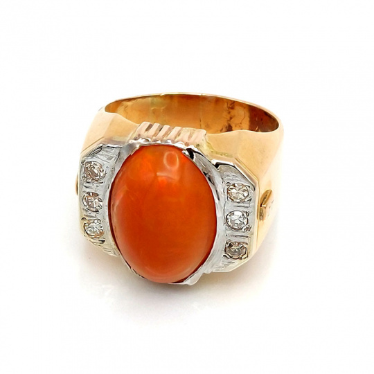 Twin Red Coral & Diamond Ring 18K Yellow Gold