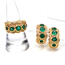 Five Stone Emerald & Pave Diamond Halo Ring & Earrings Set | Well matched in Color Set In 18K Gold