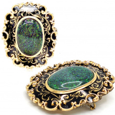 19CT Bezel Set Black Opal Bordered by Black Enamel and 14K Scrolls Memorial Brooch