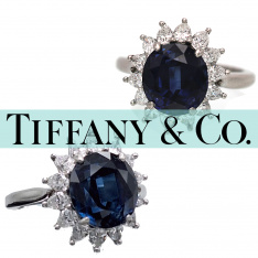 Signed Tiffany & Co. Platinum 5 CT Sapphire & Diamond Halo Ring