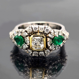 Deco Three Stone Diamond & Emerald Halo Ring | 18K White Gold, Size 6.75