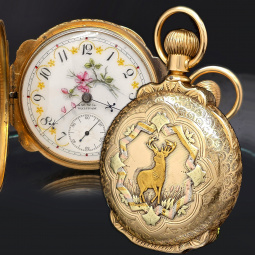 Stag Design 14K Multicolor Gold, 18 Size, Box Hinge Case Waltham Pocket Watch with Fancy Dial