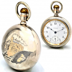 Railroad Steam Engine Train Case Waltham Pocket Watch with Large 18 Size 4 OZ Silver Case