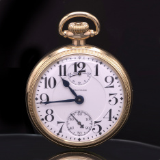 Waltham Vanguard Railroad Pocket Watch with Up/Down Wind Indicator and Steam Engine Case